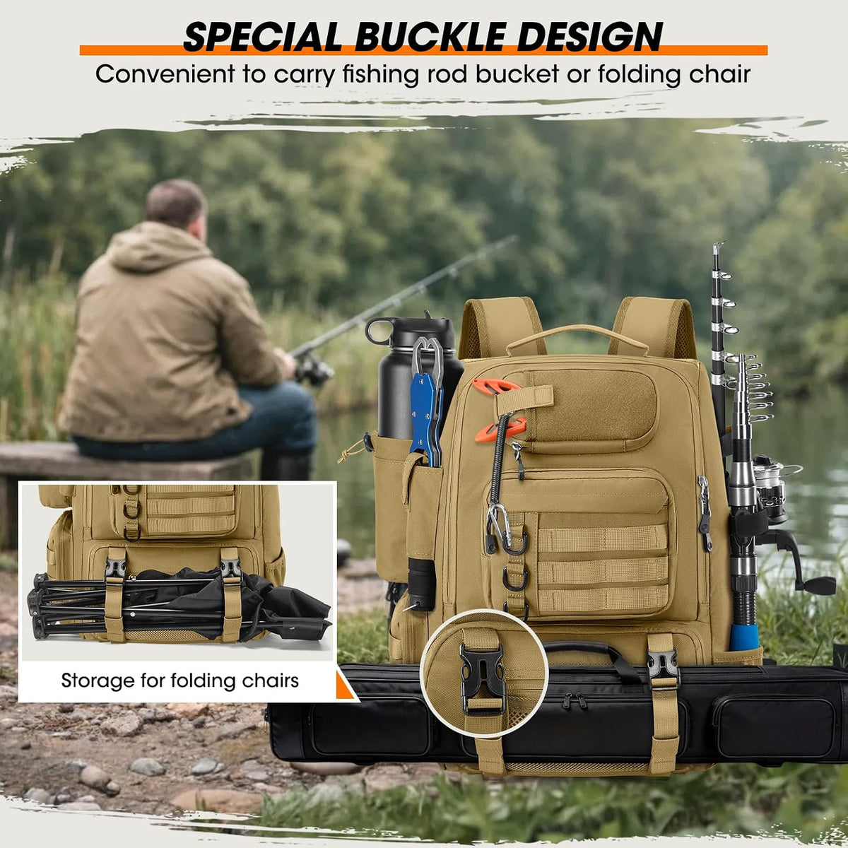 Fishing Backpack 40L Tackle Backpack with Rod Holders & Cooler
