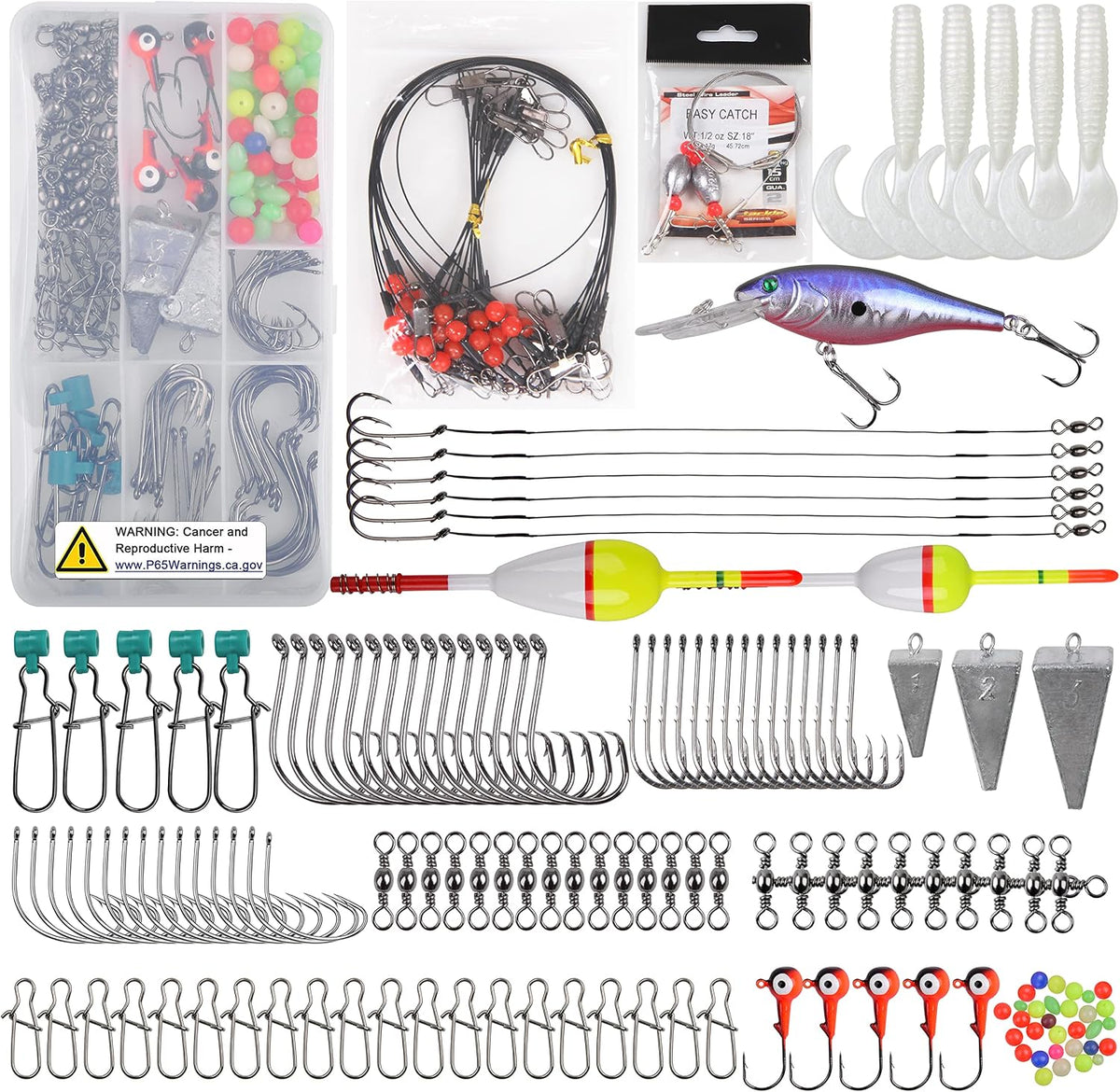 Saltwater Surf Fishing Tackle Kit, Surf Fishing Bait Rigs Bucktail Jig Saltwater Fishing Lures Pyramid Weights Wire Leaders Hooks Swivel Ocean Beach Fishing Gear Box