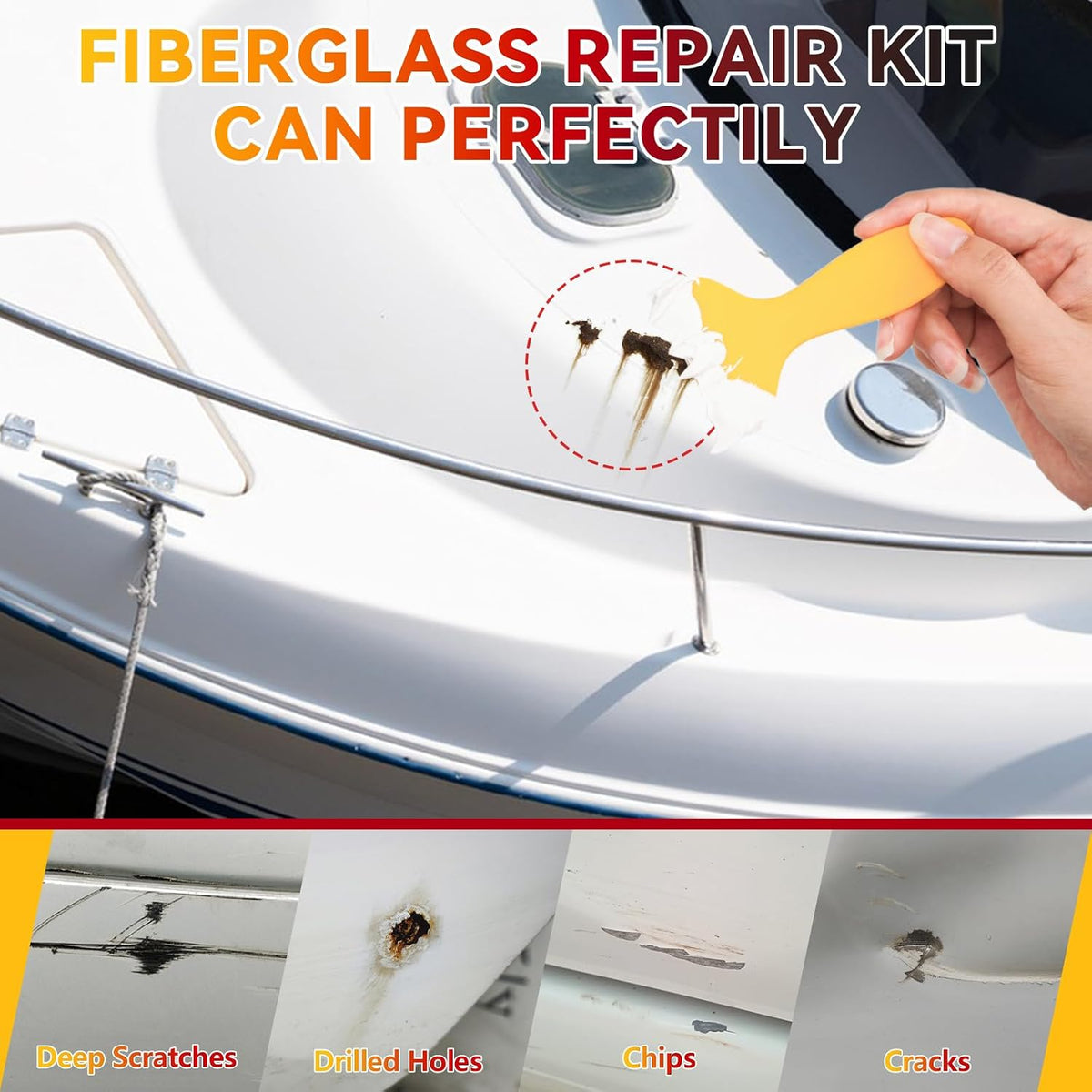 Marine Fiberglass Repair Kit for Boats, Gel Coat Repair Kit for Boats, Epoxy Filler for Fiberglass Boats Fix Holes, Chips and Deep Cracks, Gelcoat Repair Kit for Fiberglass, Acrylic, Porcelain(White)