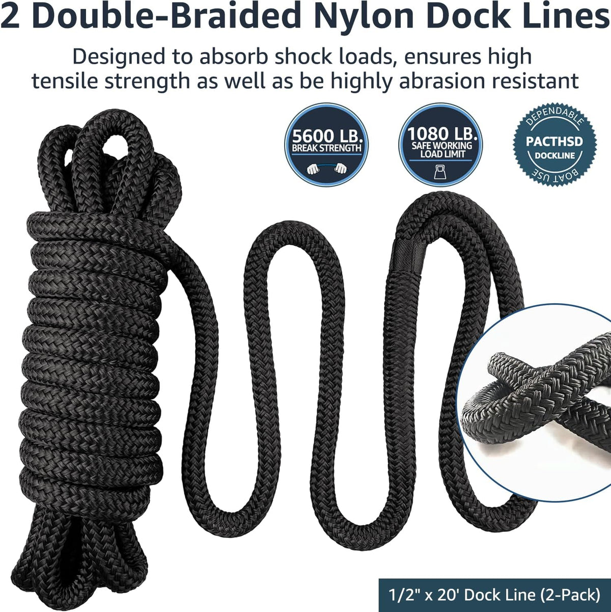 2 Pack 1/2" X 20' Dock Lines - Marine Grade Nylon Boat Rope with 12" Loop for Docking and Mooring - Double Braided Boat Lines, High Strength, Easy Handling, Fray Resistant - Black
