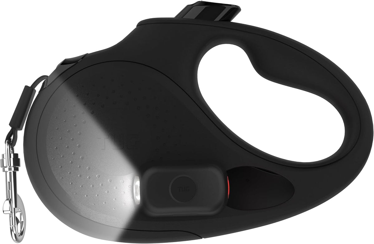Oval 360° Tangle-Free Retractable Dog Leash | Flashlight Included | Integrated Waste Bag Dispenser Pocket (Medium, Black)