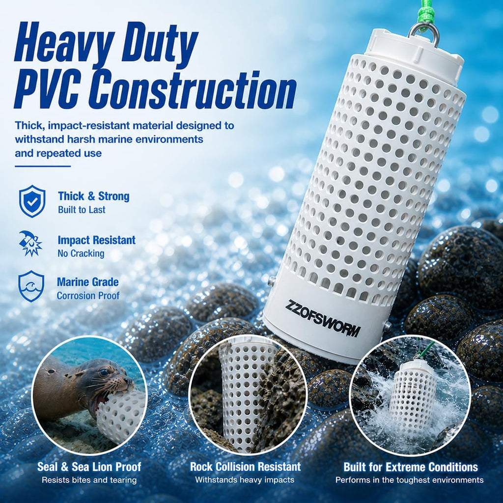 Bait Cage for Fishing, Chum Bucket & Bait Barrel, PVC Fish Chum Cage with 316 Stainless Steel, Bait Bucket for Saltwater Fishing, 360° Water Flow, Indestructible with 32Feet Glow Rope