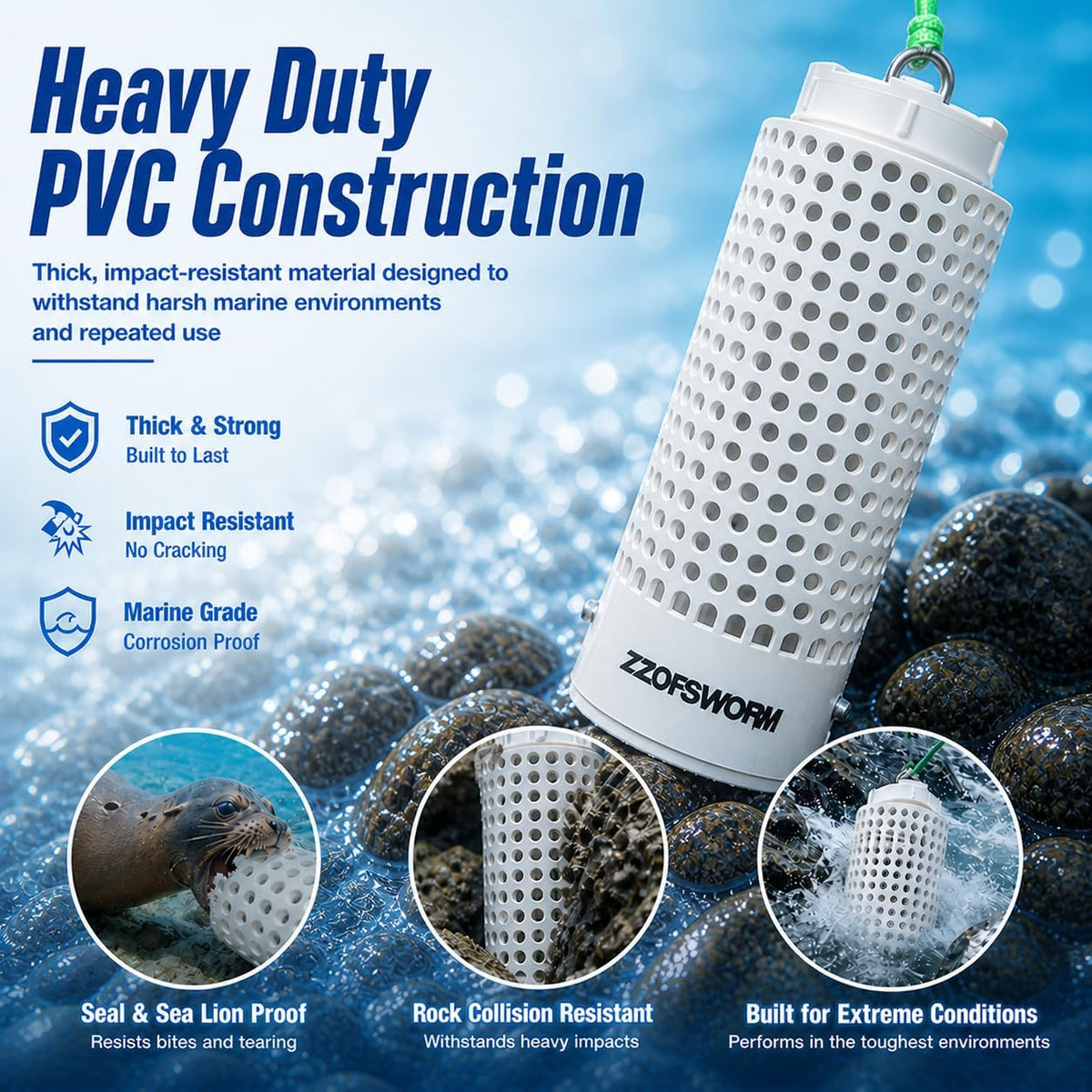 Bait Cage for Fishing, Chum Bucket & Bait Barrel, PVC Fish Chum Cage with 316 Stainless Steel, Bait Bucket for Saltwater Fishing, 360° Water Flow, Indestructible with 32Feet Glow Rope