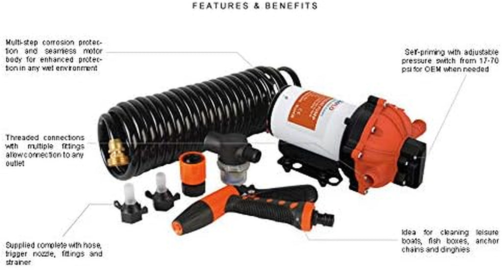 55-Series Washdown Pump Kit - 12V DC, 5.5 GPM, 70 PSI, Self-Priming, Coiled Hose, Spray Nozzle, High Flow for RV, Boat, Off-Grid, Freshwater, and Saltwater Applications 4-Year Warranty