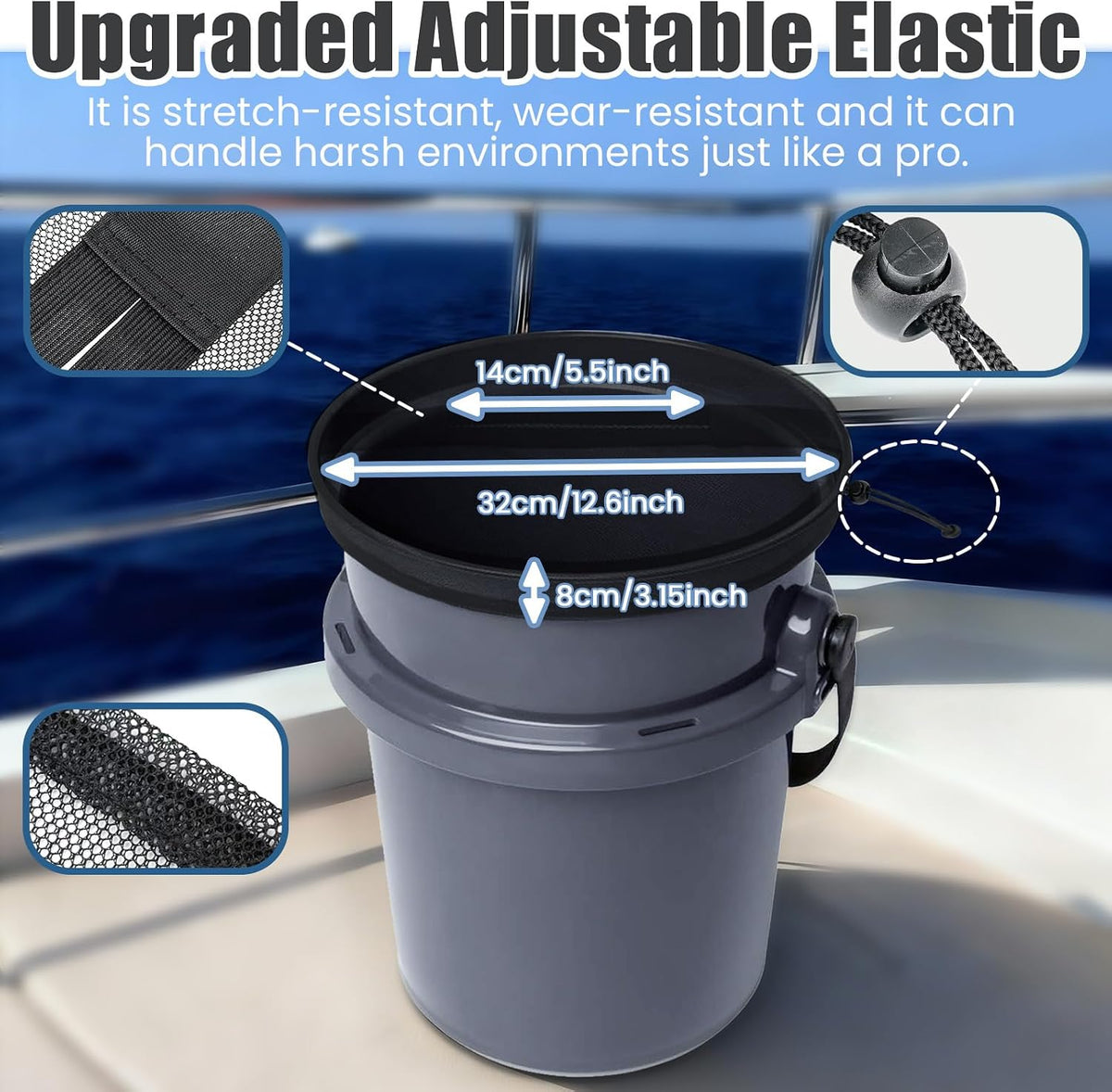 5 Gallon Bucket Lid Compatible with Yeti – Upgraded Mesh Closure Cover with Secure Drawstring Finish, Converted Boat Trash Can & Bait Bucket Lid for Fishing, Boating, and Camping (1)