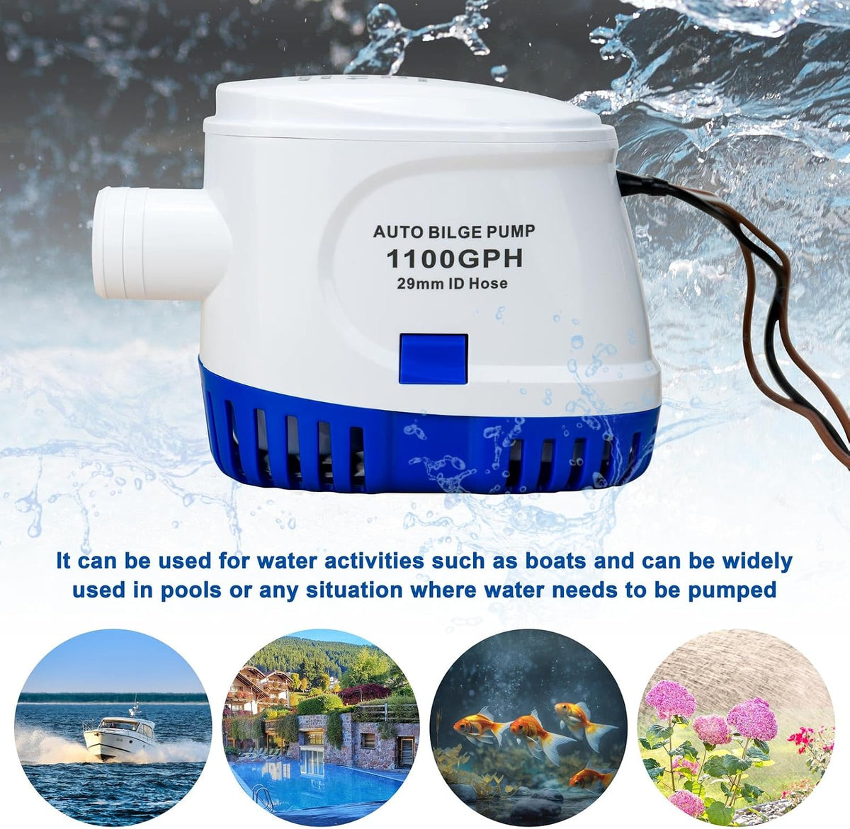 1100GPH Automatic Bilge Pump for Boats, 12V, 1-1/8" Outlet