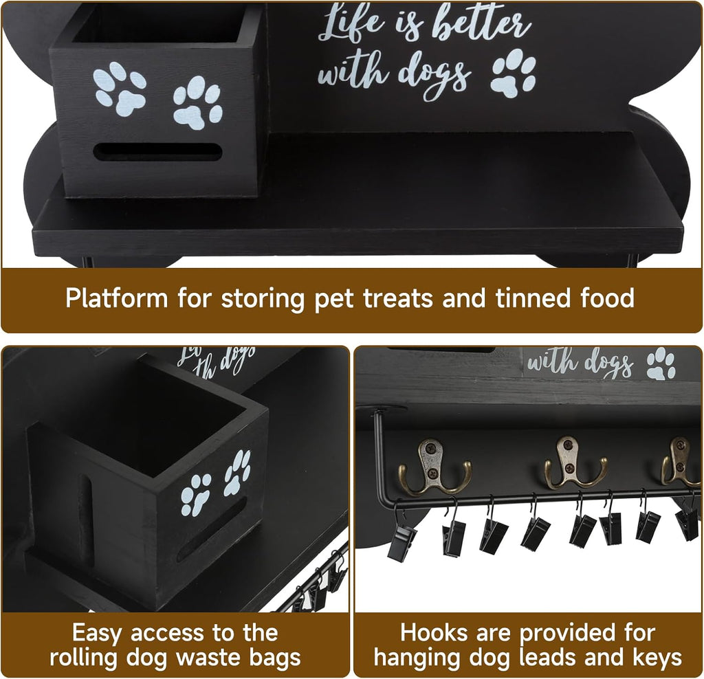 Wood Dog Leash Holder for Wall, Black Bone Hook for Entryway