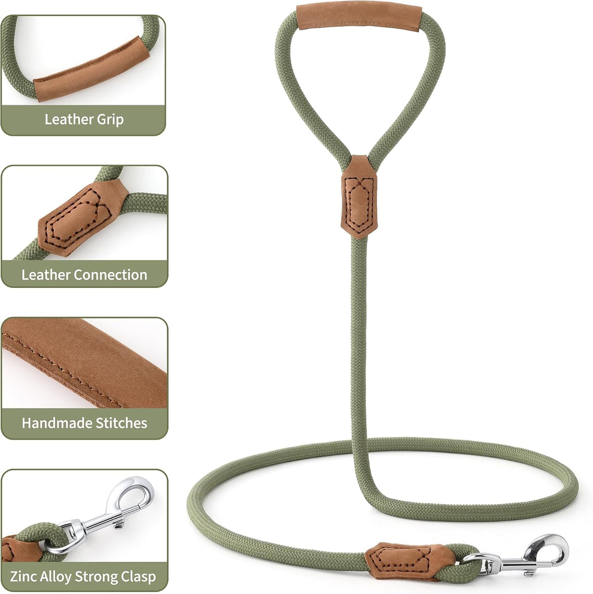 Dog Leash with Genuine Leather-Wrapped Ends/Handle, 4/5/6FT