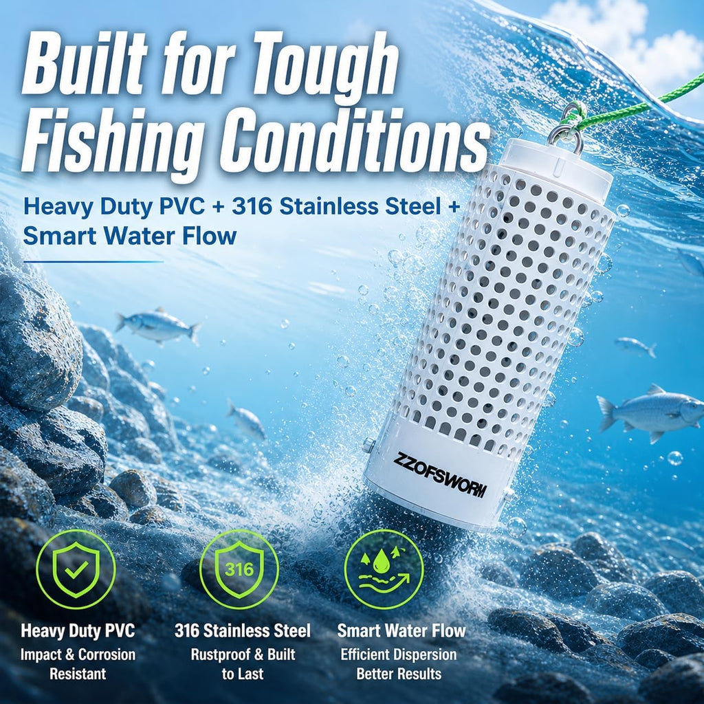 Bait Cage for Fishing, Chum Bucket & Bait Barrel, PVC Fish Chum Cage with 316 Stainless Steel, Bait Bucket for Saltwater Fishing, 360° Water Flow, Indestructible with 32Feet Glow Rope