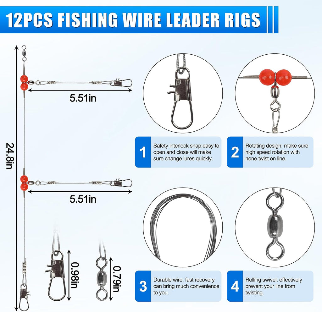 Fishing Leaders,Fish Line Stainless Steel Wire with Swivels Snap Connect Saltwater Surf Fishing Gear and Equipment Tackle Kit for Lures Bait Rig or Hooks