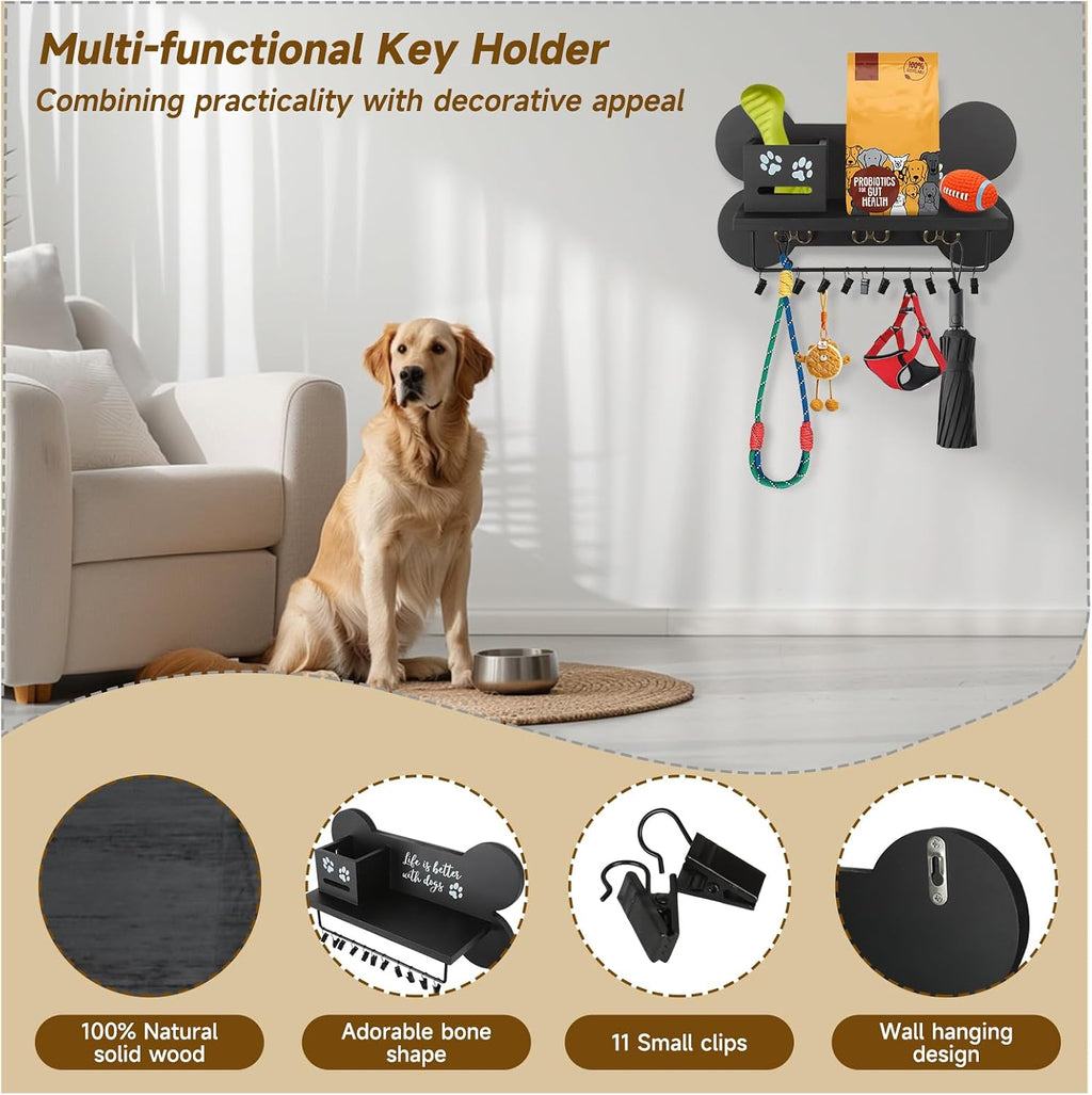 Wood Dog Leash Holder for Wall, Black Bone Hook for Entryway