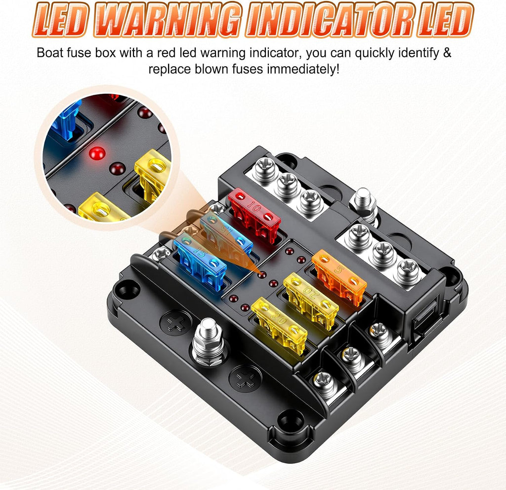 6 Way Fuse Block, 12V Marine Fuse Block with LED Warning Indicator, Waterproof Boat Fuse Panel & Power Distribution Block, 12-24V DC Fuse Box for Car Marine RV Truck Van ATO/ATC