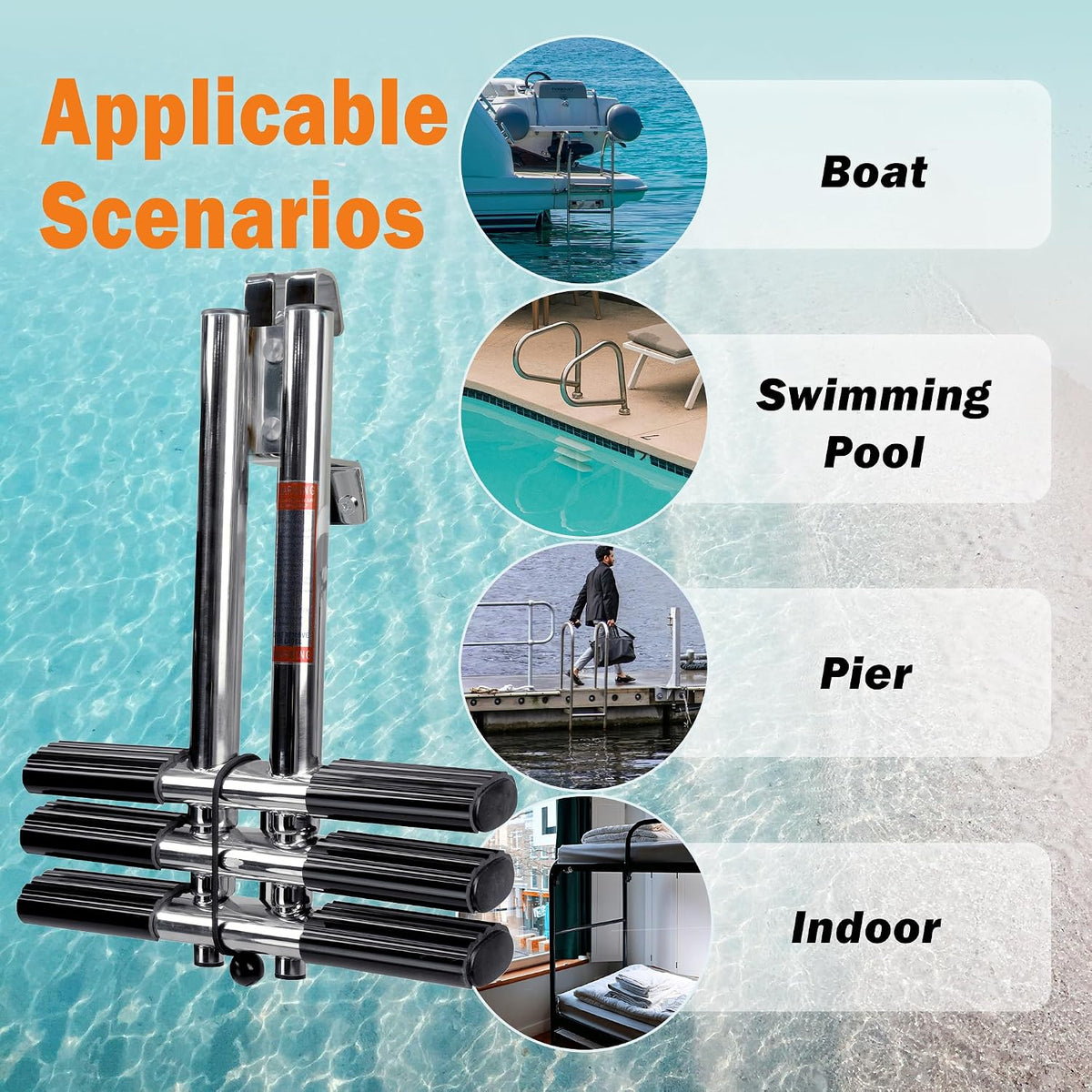 3 Step Boat Ladder, Stainless Steel Dive Boarding Ladders for Bass Fishing Boats, Heavy-Duty with Non-Slip Treads