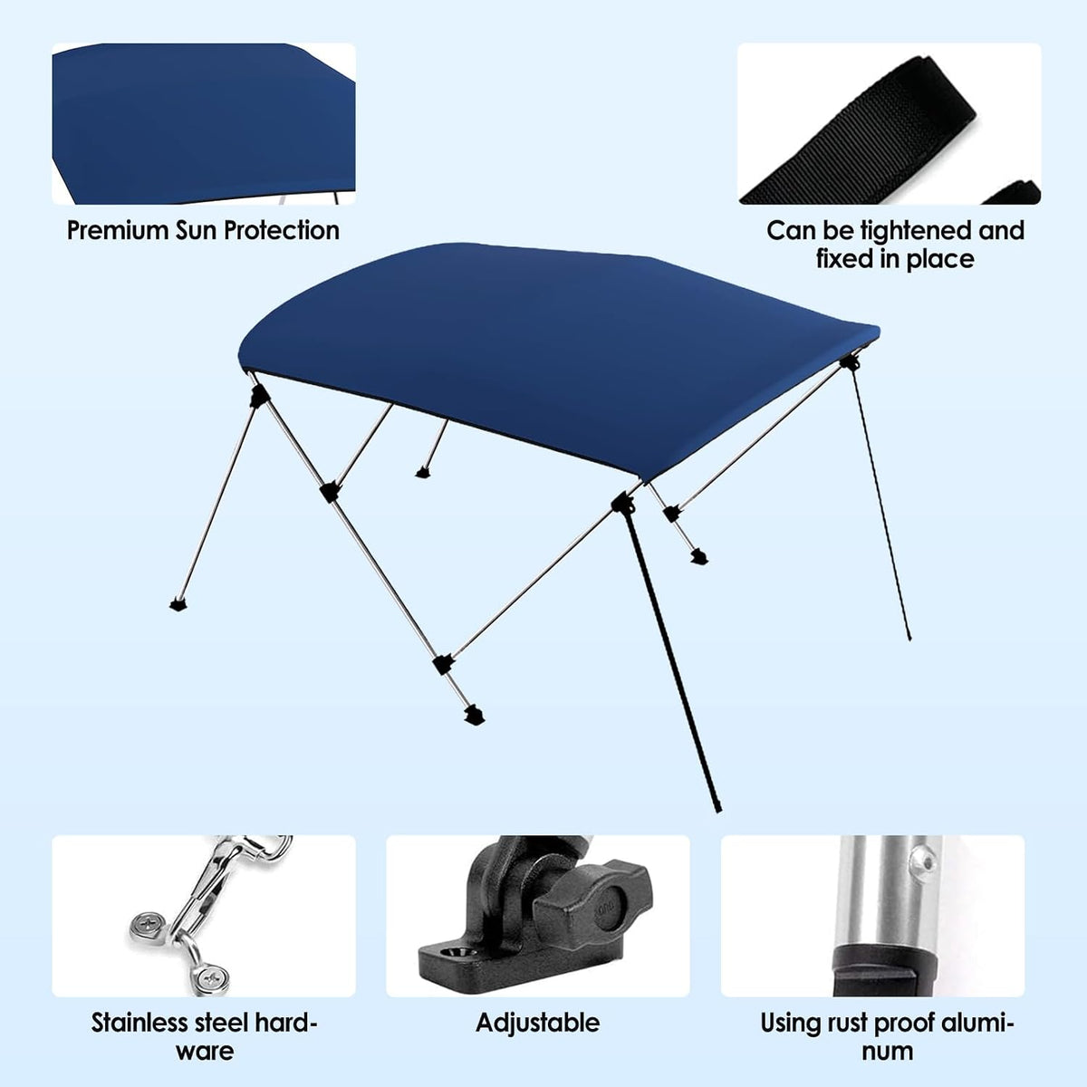 Bimini Boat Top Cover Sun Shade 3-4 Bow Boat Canopy Includes 4 Straps 2 Rear Support Poles Mounting Hardwares Storage Boot with 1" Aluminum Frame (Navy Blue, 3 Bow 6'L X 46" H X 54"-60" W)