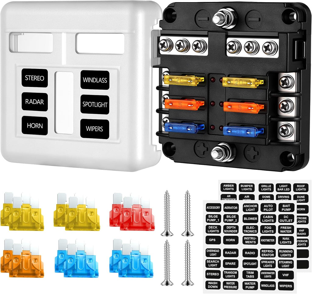 6 Way Fuse Block, 12V Marine Fuse Block with LED Warning Indicator, Waterproof Boat Fuse Panel & Power Distribution Block, 12-24V DC Fuse Box for Car Marine RV Truck Van ATO/ATC