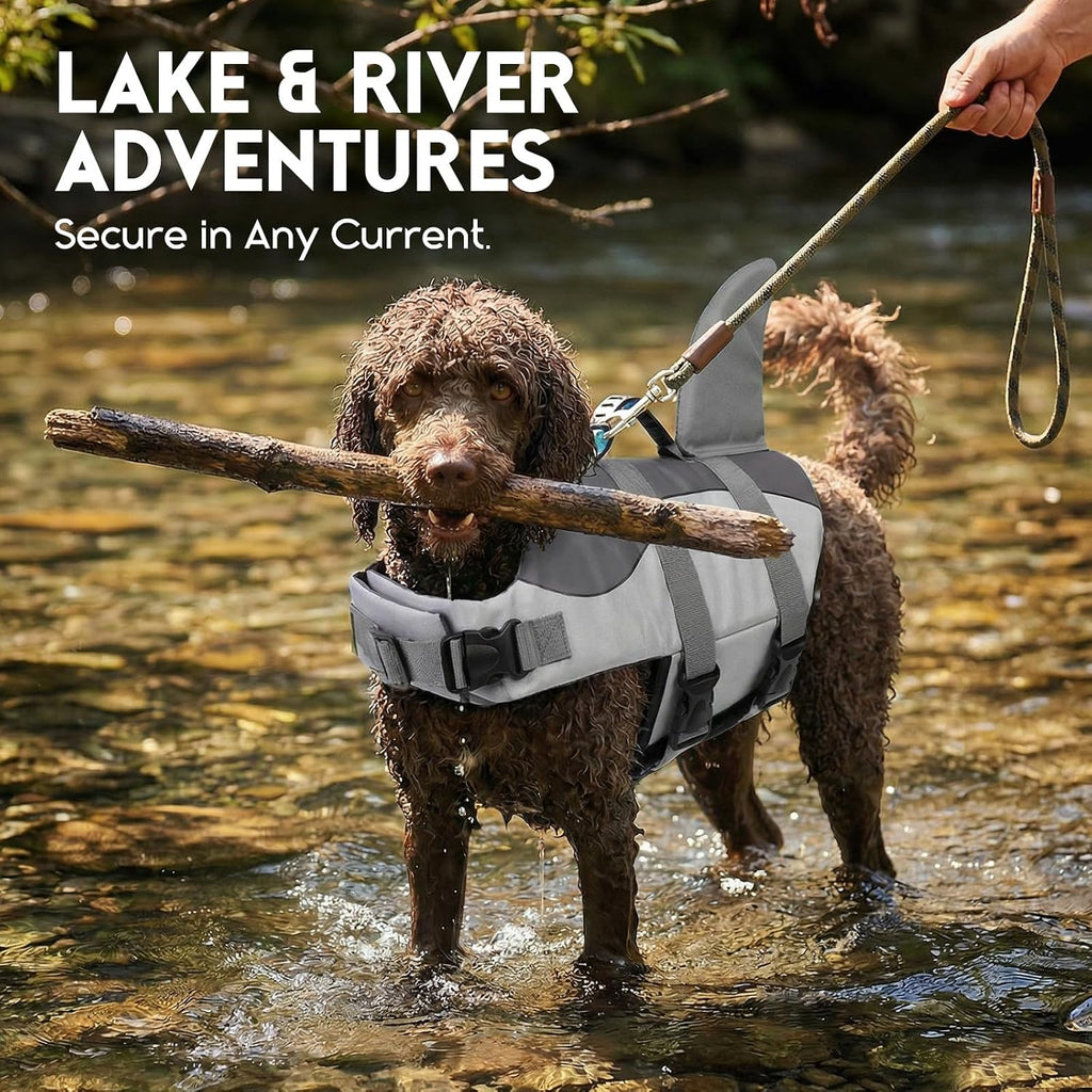 Dog Life Jacket - Pet Safety Vest for Swimming & Boating, Shark Life Jacket with Floatation, Dog Lifesavers Swimsuits for Small Medium Large Dogs (Grey, M)