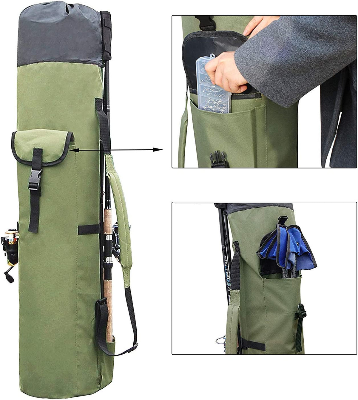 Multifunction Fishing Pole Bag - Waterproof Rod Reel Bag Carrier Case, Durable Canvas Tackle Large Storage Gift for Men Travel, Khaki