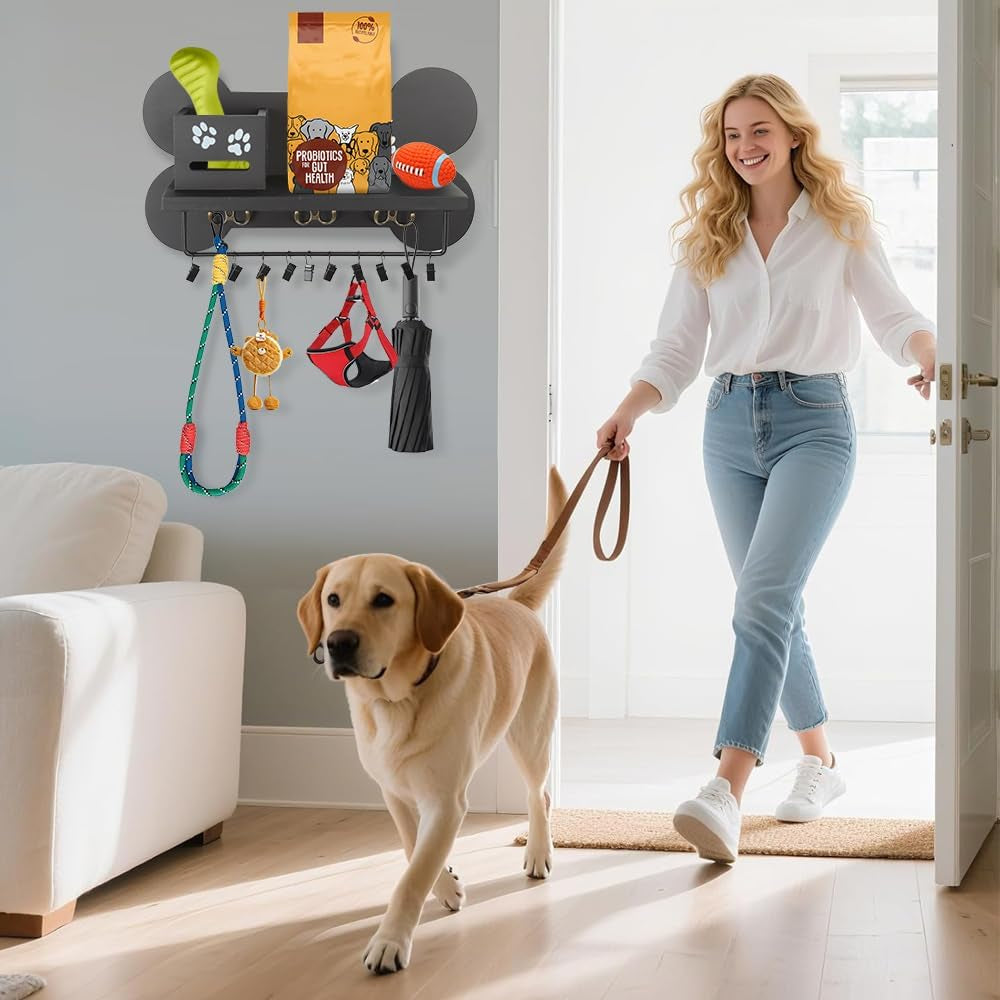 Wood Dog Leash Holder for Wall, Black Bone Hook for Entryway