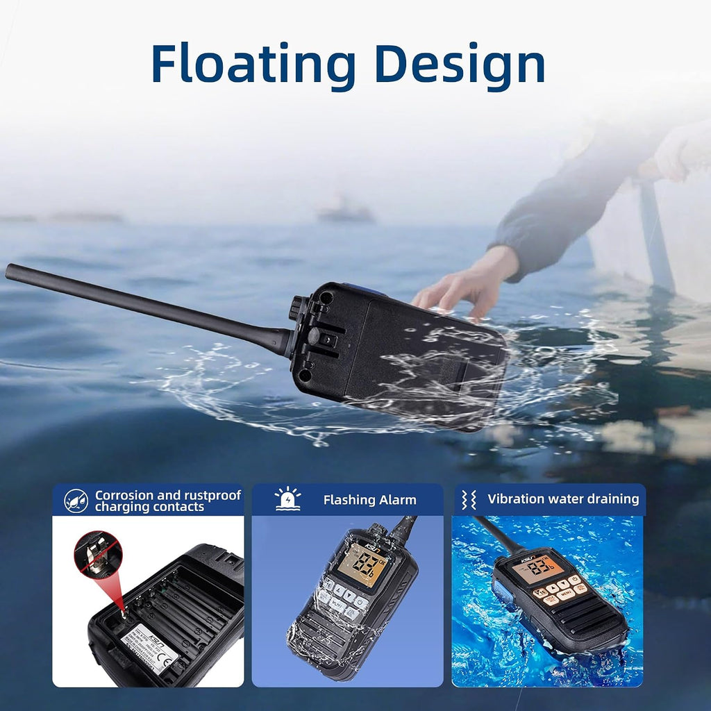 Handheld Two-Way VHF Marine Radio IPX7 Waterproof,Led Screen,10 NOAA Weather Channels,Flashing Light,Falling Water Alarm  P25 Walkie Talkie (1 Pack)