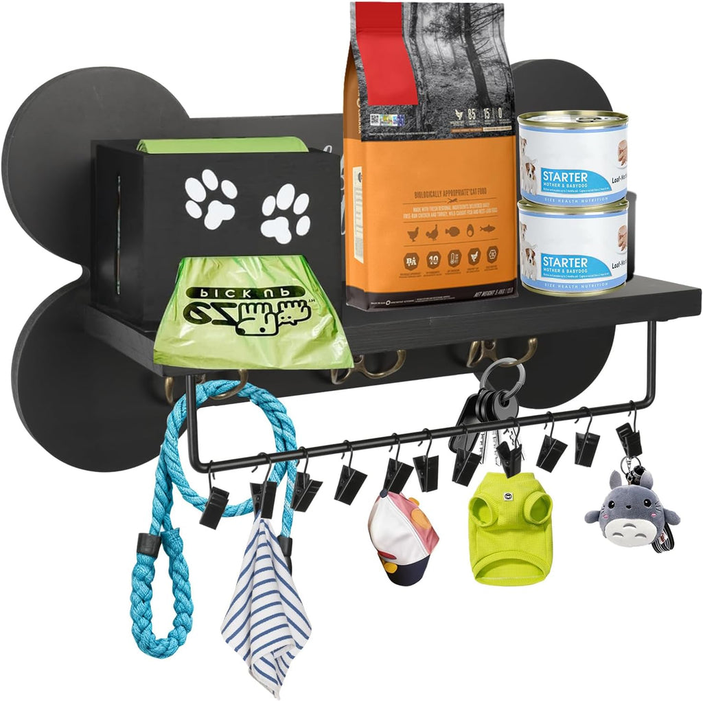 Wood Dog Leash Holder for Wall, Black Bone Hook for Entryway