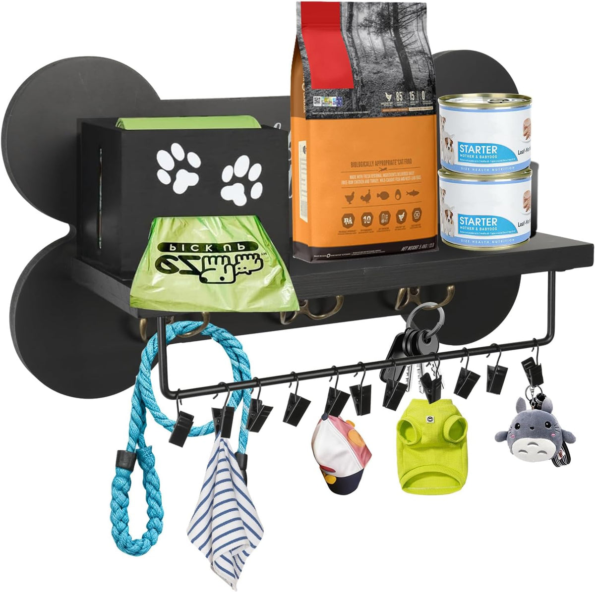 Wood Dog Leash Holder for Wall, Black Bone Hook for Entryway