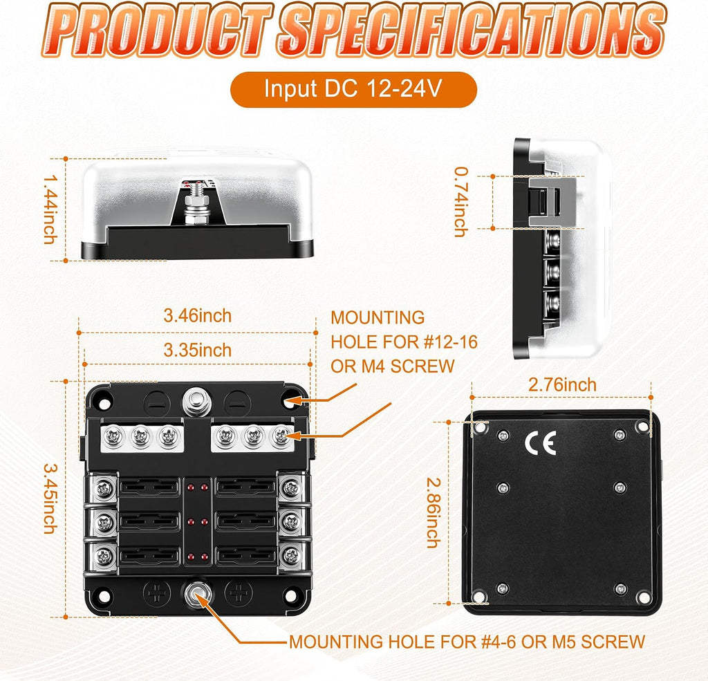 6 Way Fuse Block, 12V Marine Fuse Block with LED Warning Indicator, Waterproof Boat Fuse Panel & Power Distribution Block, 12-24V DC Fuse Box for Car Marine RV Truck Van ATO/ATC