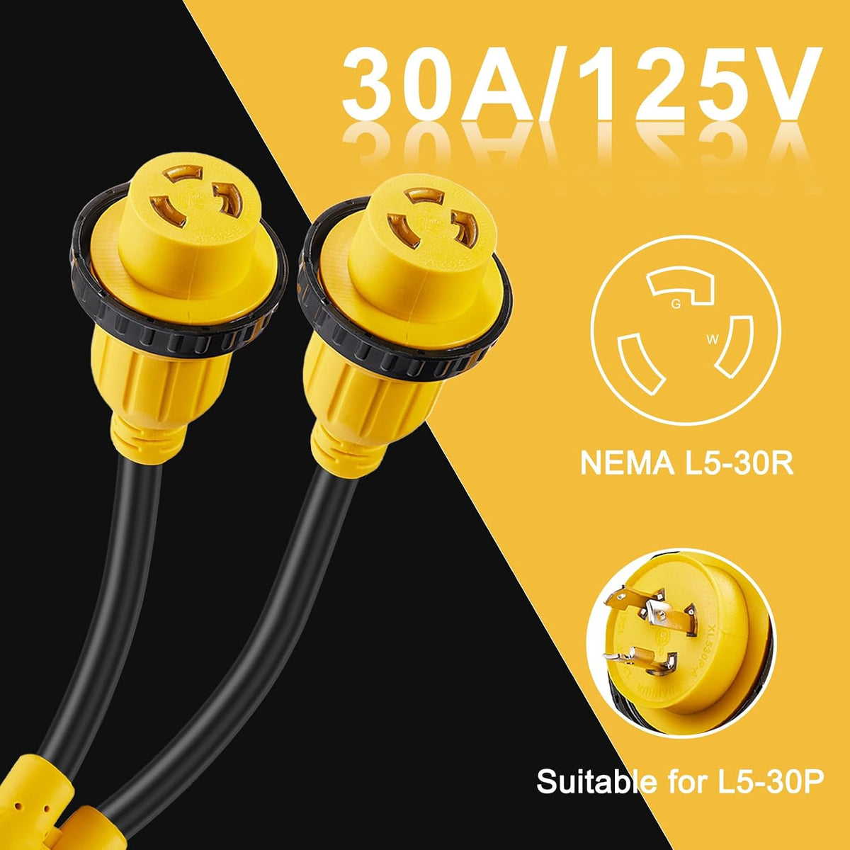 30 Amp Marine Shore Power Adapter, L5-30P Y Splitter to (2) L5-30R