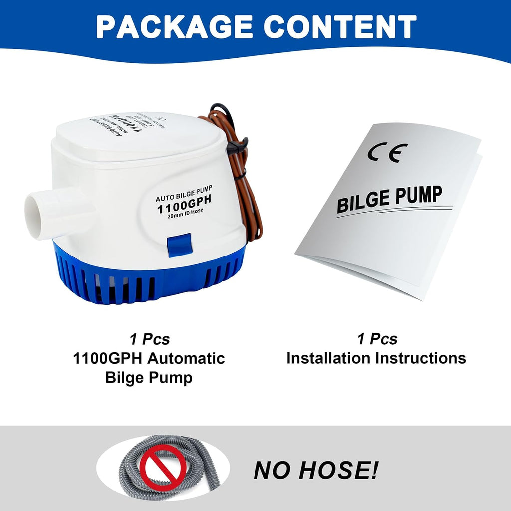 1100GPH Automatic Bilge Pump for Boats, 12V, 1-1/8" Outlet
