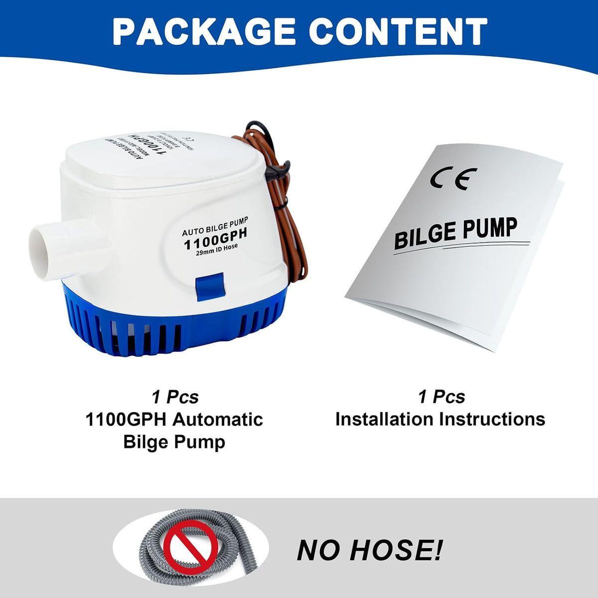 1100GPH Automatic Bilge Pump for Boats, 12V, 1-1/8" Outlet