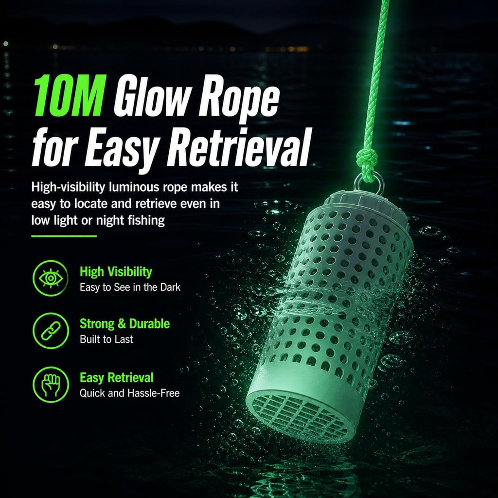Bait Cage for Fishing, Chum Bucket & Bait Barrel, PVC Fish Chum Cage with 316 Stainless Steel, Bait Bucket for Saltwater Fishing, 360° Water Flow, Indestructible with 32Feet Glow Rope