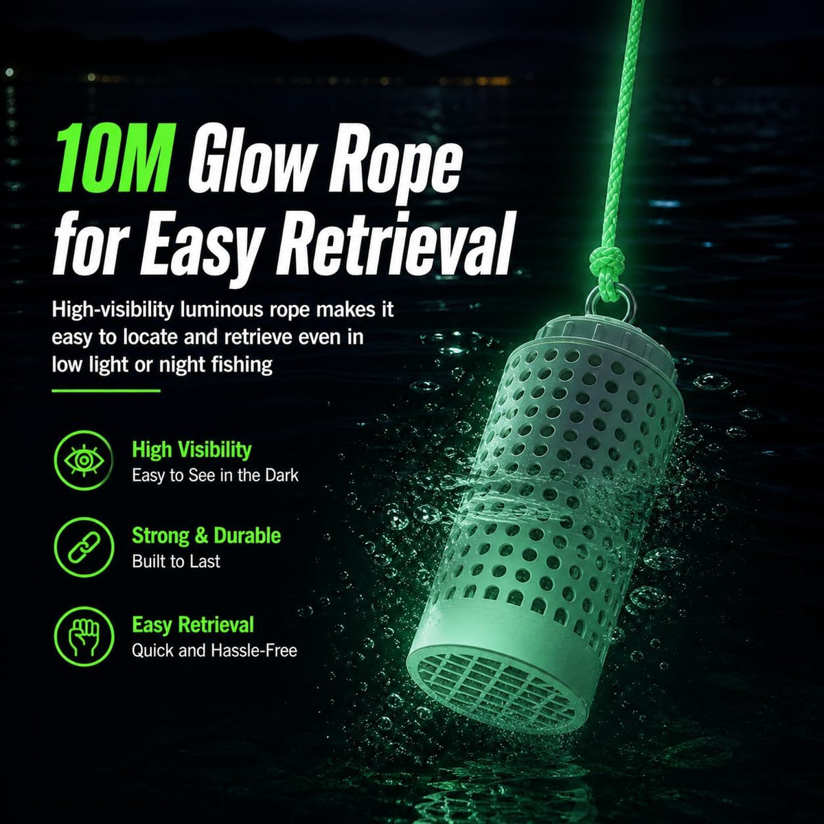 Bait Cage for Fishing, Chum Bucket & Bait Barrel, PVC Fish Chum Cage with 316 Stainless Steel, Bait Bucket for Saltwater Fishing, 360° Water Flow, Indestructible with 32Feet Glow Rope