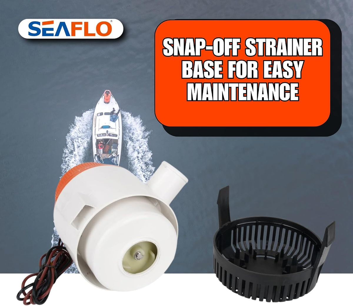01 Series 4700 GPH Bilge Pump – 12V, 2" Outlet, Marine Submersible Pump, Anti-Airlock Protection, Snap-Off Strainer Base, CE & Rohs Certified – 4-Year Warranty