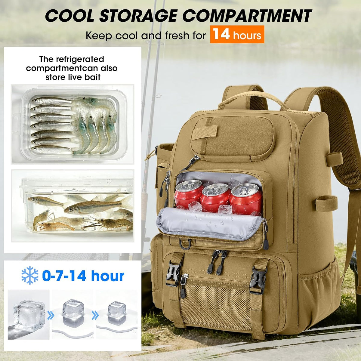 Fishing Backpack 40L Tackle Backpack with Rod Holders & Cooler