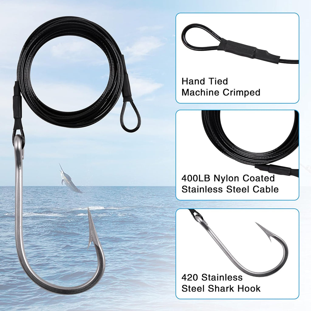 Fishing Shark Rig,2Pcs Surf Fishing Leader Rigs with Tuna Shark Hooks Stainless Steel Cable Leader Wire Rig Deep Sea Fishing Hooks Big Game Leader Rig for Shark Tuna Toothy