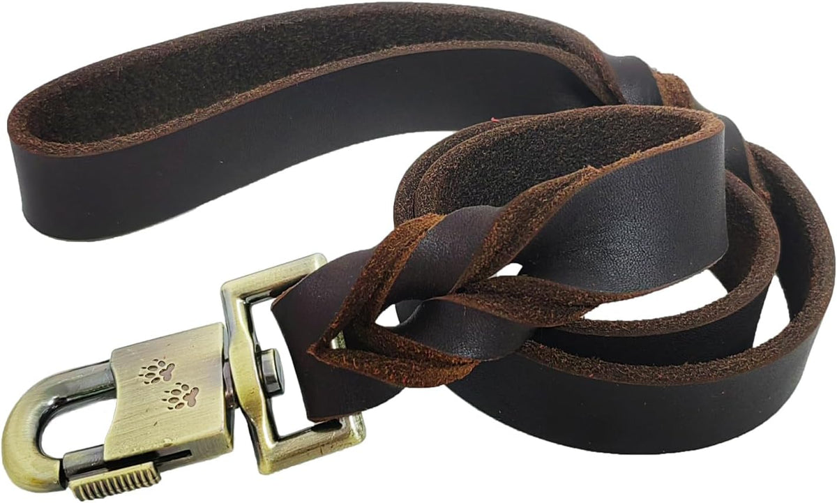 Leather Dog Leash 3 Ft Upgrade Braided Thick Genuine Leather Dog Leash with Lock Head Hook Short Heavy Duty Pet Training Lead for Medium Large Dogs