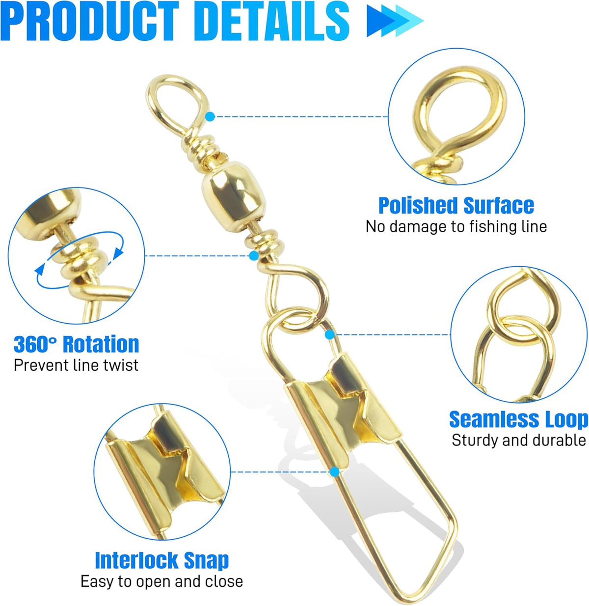 Fishing Swivels Snaps, 60/120Pcs Barrel Swivels with Nice Snaps Gold High Strength Solid Rings Line Lures Connector Fishing Tackle Accessories