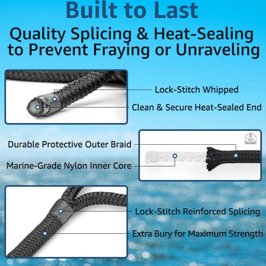 Boat Dock Lines 1/2" X 15' - Double Braided Nylon Boat Ropes for Docking with 12" Loop, Marine-Grade High Strength Boat Lines Dock Rope, Premium Marine Rope Mooring Lines, Easy Handling - 4 Pack,Black