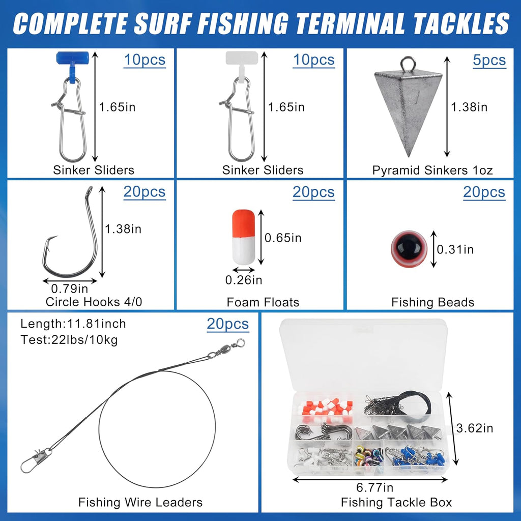 105PCS Surf Fishing Tackle Kit Fish Finder Rigs Saltwater Surf Fishing Rigs Live Bait Rig with Hooks Floats Sinker Slider Beads Pyramid Sinkers Leaders for Bass Beach Ocean Fishing Gear Accessories