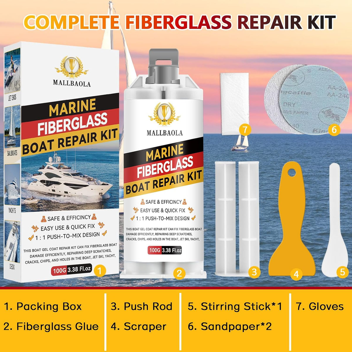 Marine Fiberglass Repair Kit for Boats, Gel Coat Repair Kit for Boats, Epoxy Filler for Fiberglass Boats Fix Holes, Chips and Deep Cracks, Gelcoat Repair Kit for Fiberglass, Acrylic, Porcelain(White)