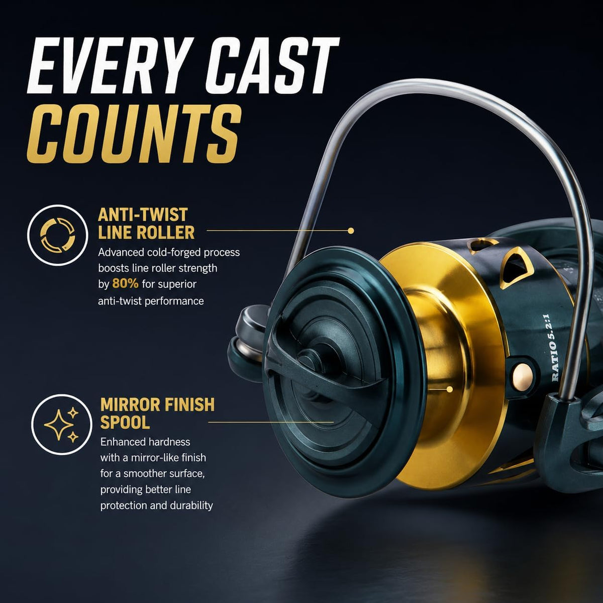Spinning Fishing Reel – 33Lbs Max Drag, 5.2:1 Gear Ratio, Water Resistant with 9+1 Corrosion-Resistant Bearings for Bass, Trout, Salmon Fishing