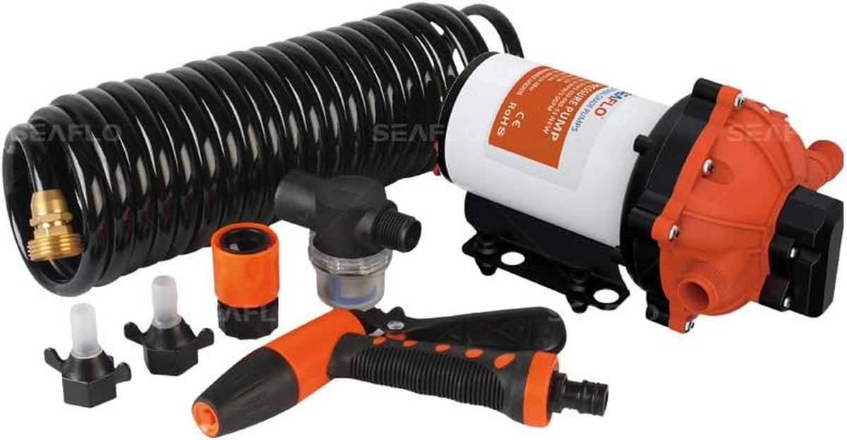 55-Series Washdown Pump Kit - 12V DC, 5.5 GPM, 70 PSI, Self-Priming, Coiled Hose, Spray Nozzle, High Flow for RV, Boat, Off-Grid, Freshwater, and Saltwater Applications 4-Year Warranty