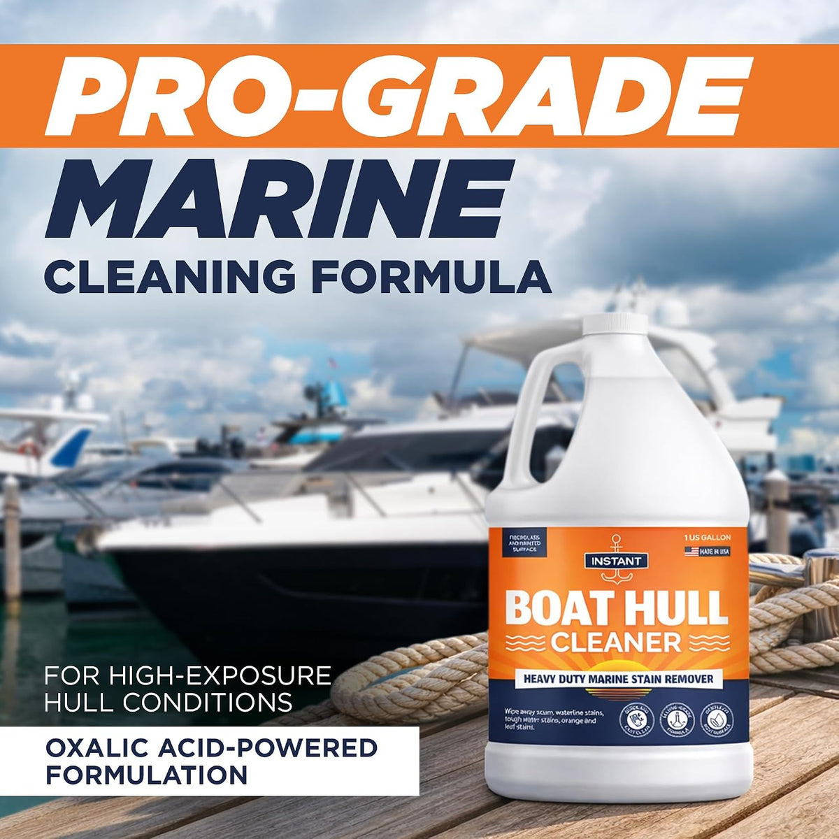 Instant Boat Hull Cleaner - Marine Grade, Easy to Use Boat Cleaner, Removes Stains, Water Lines, Yellowing & Rust, Safe for Use on Fiberglass, Plastic, Painted Hull Surfaces - Made in USA, 1 Gallon