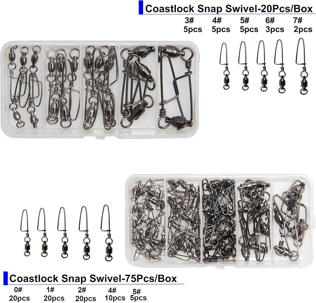 10, 30 Pack High-Strength Fishing Ball Bearing Swivel with Coastlock Snap, Strong Welded Ring for Saltwater Fishing-18Lb to 440Lb (100% Copper+Stainless Steel with Black Nickle Coated)