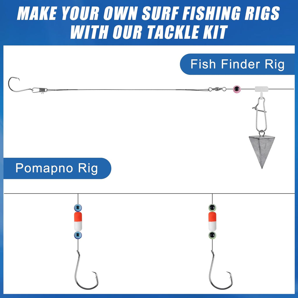 105PCS Surf Fishing Tackle Kit Fish Finder Rigs Saltwater Surf Fishing Rigs Live Bait Rig with Hooks Floats Sinker Slider Beads Pyramid Sinkers Leaders for Bass Beach Ocean Fishing Gear Accessories