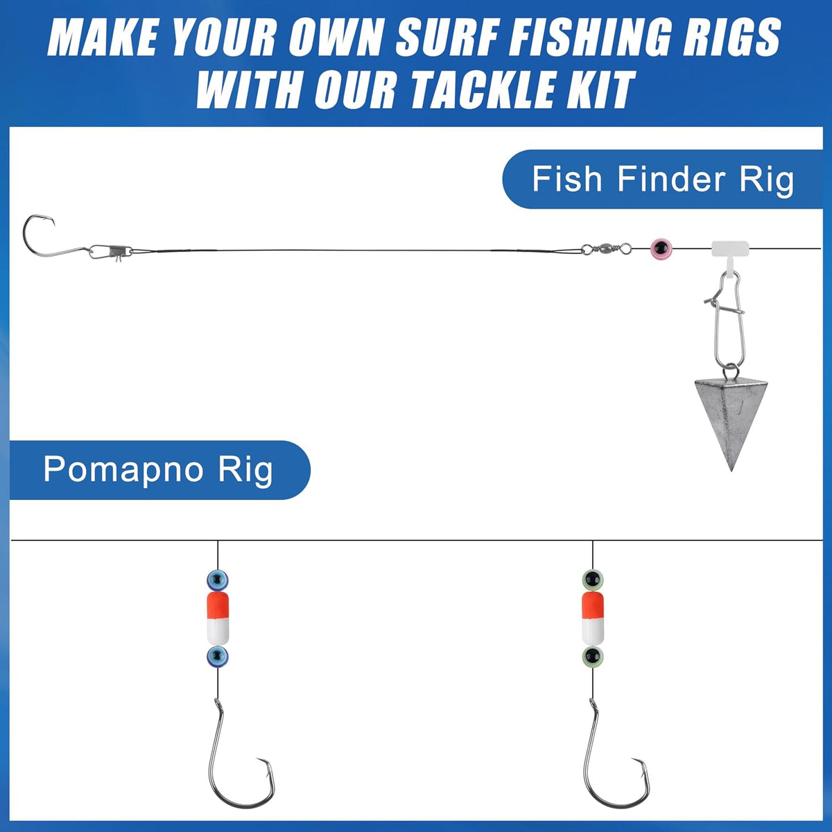 105PCS Surf Fishing Tackle Kit Fish Finder Rigs Saltwater Surf Fishing Rigs Live Bait Rig with Hooks Floats Sinker Slider Beads Pyramid Sinkers Leaders for Bass Beach Ocean Fishing Gear Accessories