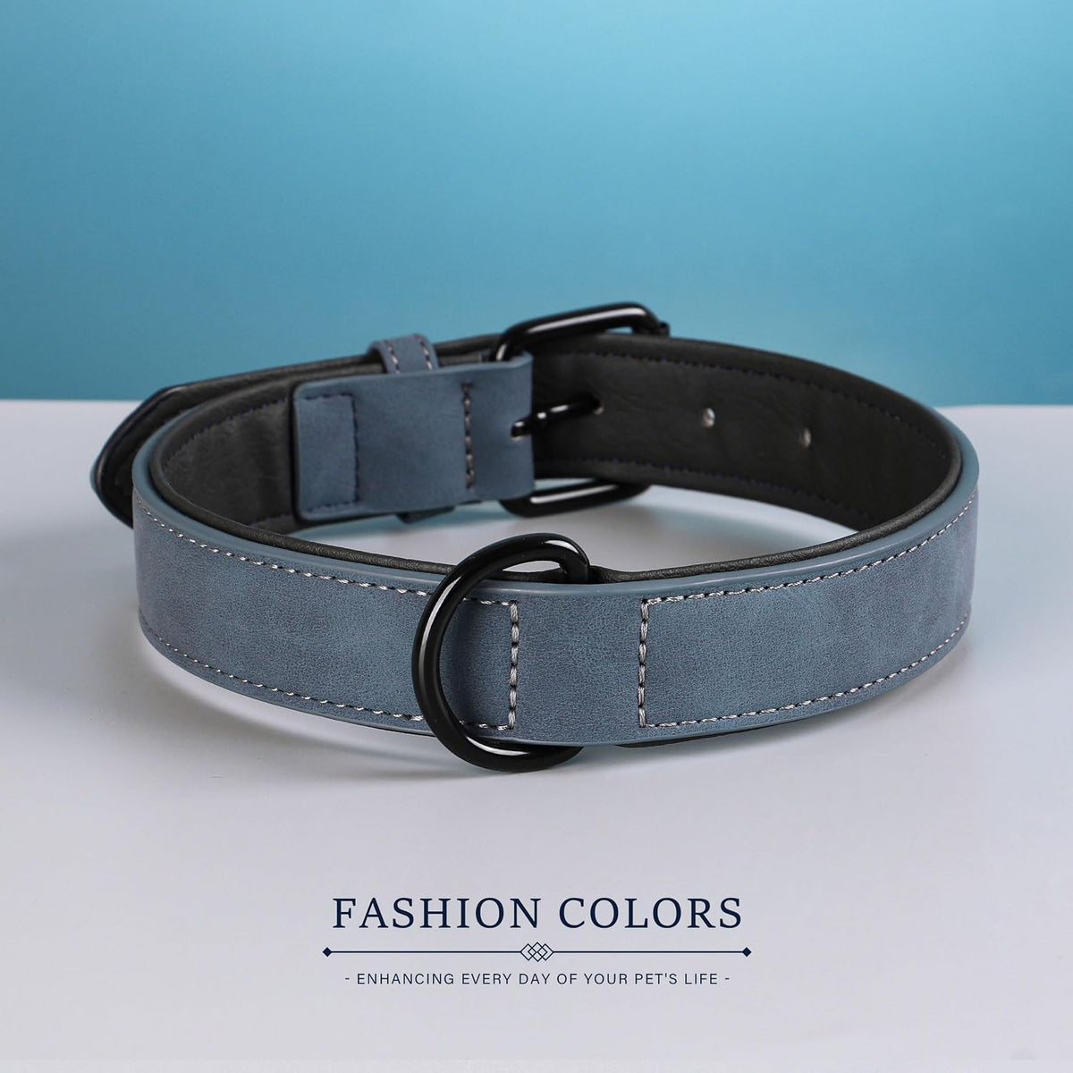 Soft PU Leather Dog Collar, Breathable Padded, Blue, Neck 11-15"