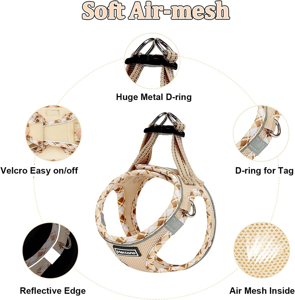 Soft Mesh Dog Harness and Leash Set, Step-In Reflective Breathable Lightweight Vest Harnesses with Safety Buckle for Small Dogs, Cats (Beige, XXS)