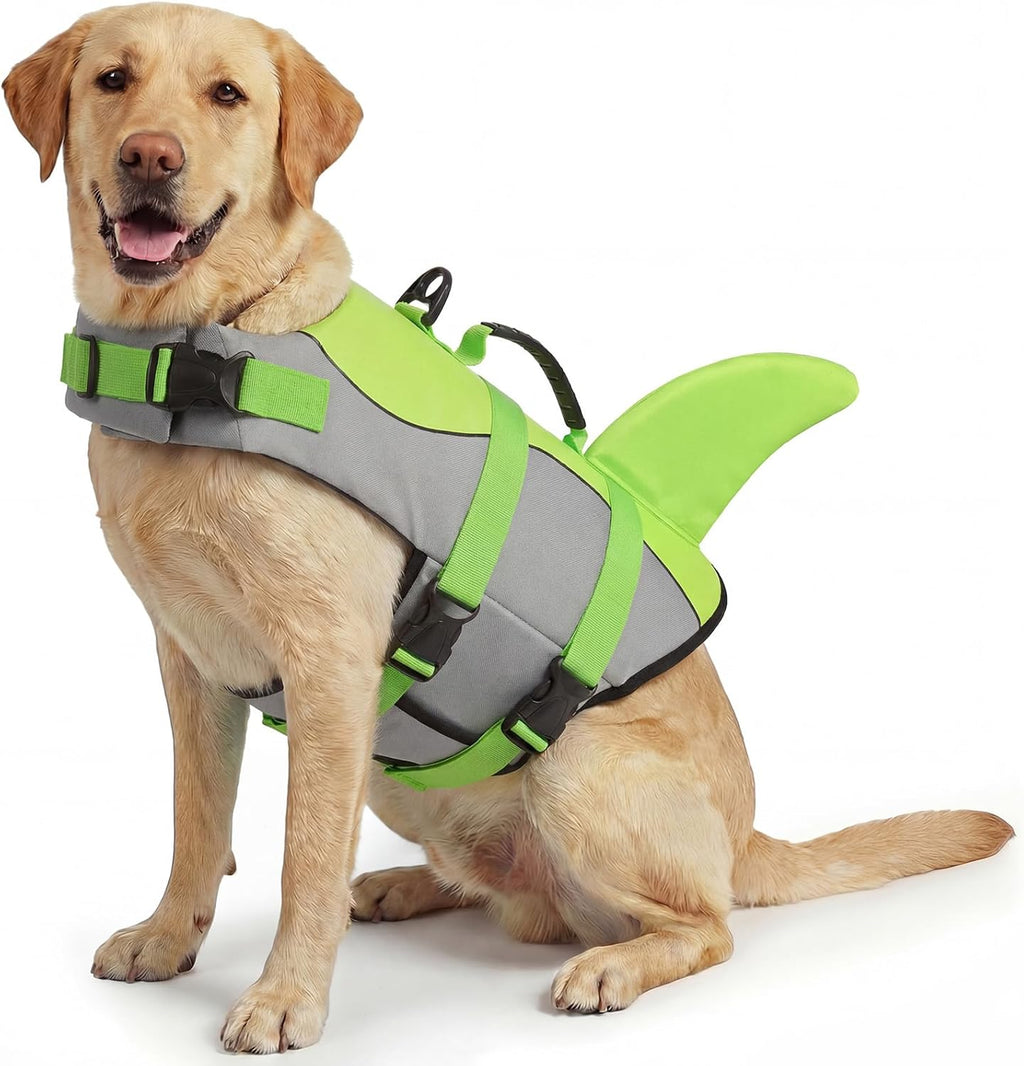 Dog Life Jacket - Pet Safety Vest for Swimming & Boating, Shark Life Jacket with Floatation, Dog Lifesavers Swimsuits for Small Medium Large Dogs (Green, XL)