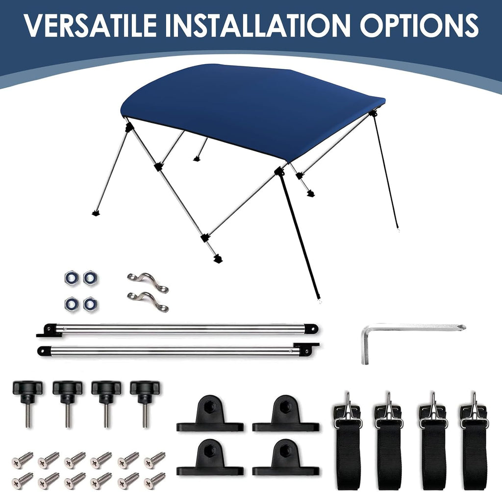 Bimini Boat Top Cover Sun Shade 3-4 Bow Boat Canopy Includes 4 Straps 2 Rear Support Poles Mounting Hardwares Storage Boot with 1" Aluminum Frame (Navy Blue, 3 Bow 6'L X 46" H X 54"-60" W)