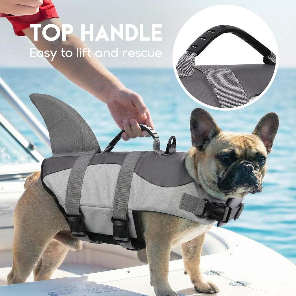 Dog Life Jacket - Pet Safety Vest for Swimming & Boating, Shark Life Jacket with Floatation, Dog Lifesavers Swimsuits for Small Medium Large Dogs (Grey, M)